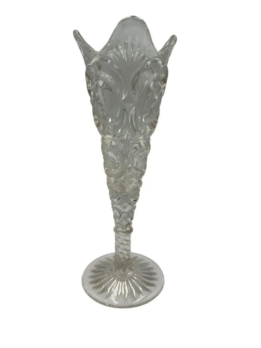 Vintage Clear Pressed Glass Bud Vase Intricate Patterned Design & Flared Rim